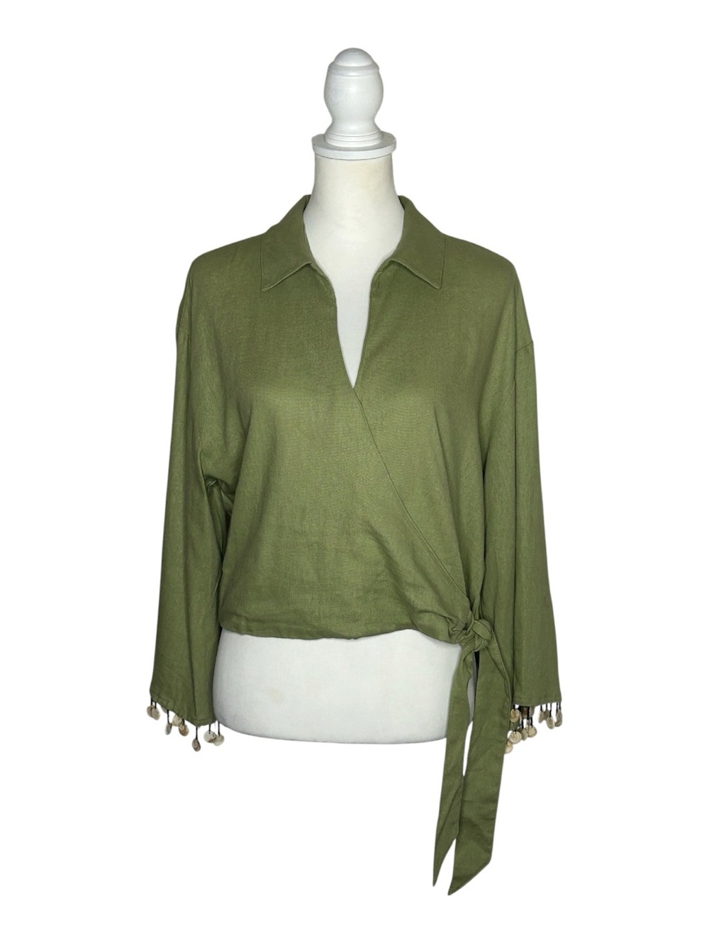Rachel Zoe EUC Olive Wrap Blouse Bead Fringe Cuff Tie Front Sz S Boho Resortwear